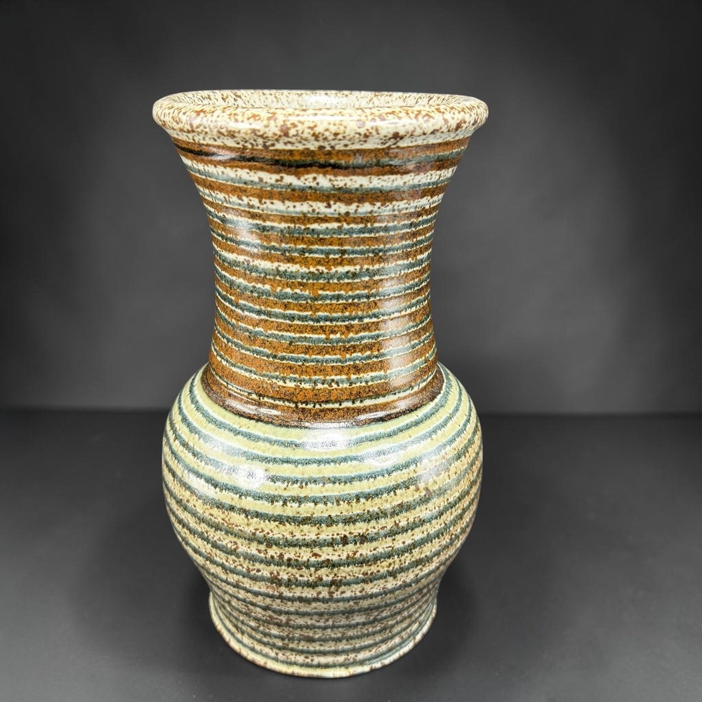 Danesi 1981 Signed Studio Pottery Vase Striped Stoneware Earth Tone 9.5 Inch